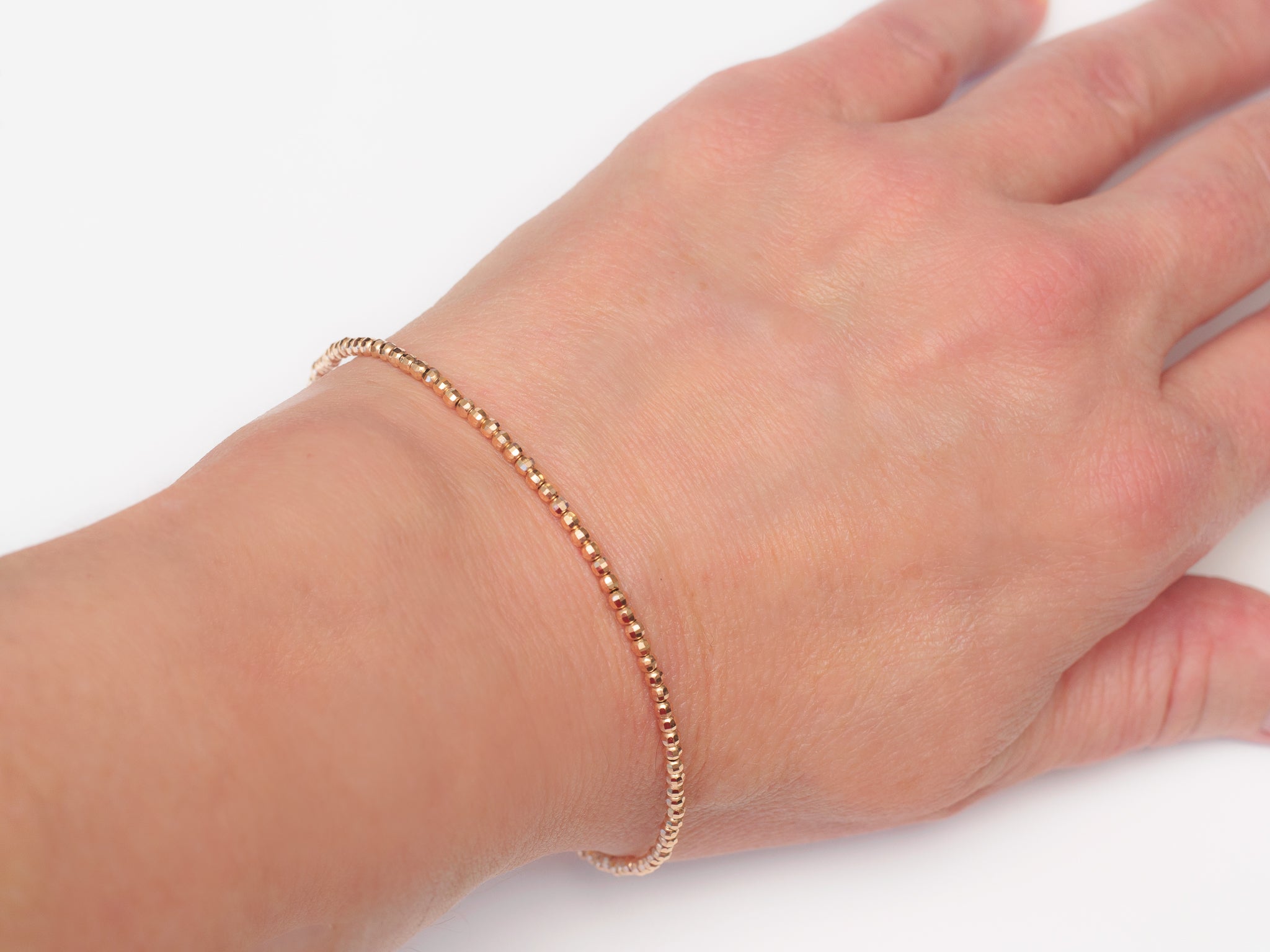 14k Rose Gold Bead Bracelet - Faceted Diamond Cut - 2mm, Women and Men's Bracelet