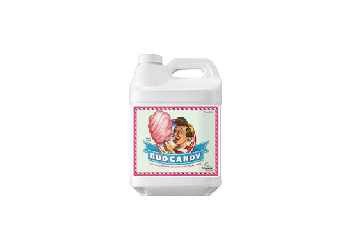 Advanced Nutrients Bud Candy in a white bottle with an illustration of a kid eating cotton candy on the label