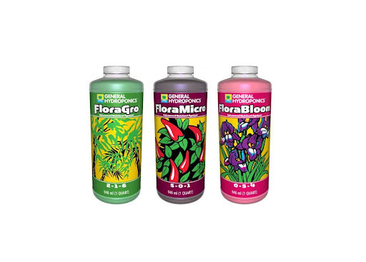 General Hydroponics FloraGro bottle in green, FloraMicro bottle in purple, and FloraBloom bottle in pink