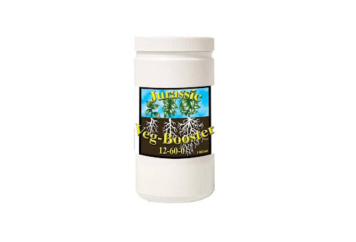 Jurassic Veg Booster jar with an illustration of plant root growth process on a blue and black label