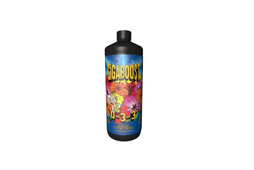 Optimum Gigaboost in a black bottle with an illustration of a miniature gardener tending to big hibiscus flowers on a blue sticker label