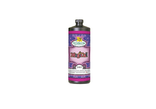 Technaflora MagiCal in a black bottle with a violet, pink, and white label