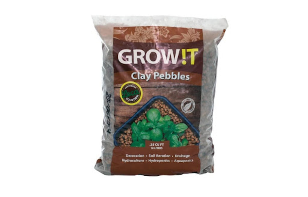 The GROW!T Clay Pebbles in a transparent packaging with a brown label