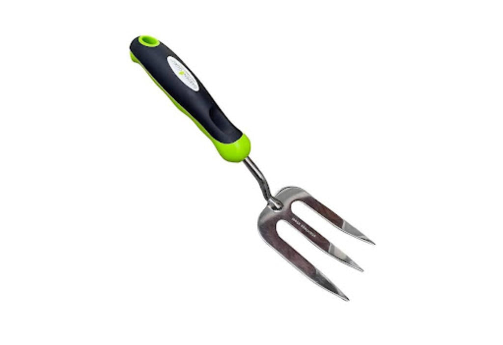 The Garden Guru Stainless Steel Hand Weeder Fork with a black and green handle