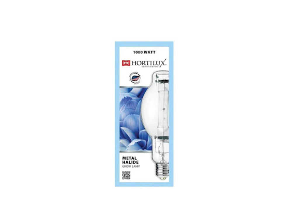 The HORTILUX Bulb in a rectangular white and light blue package with product specifications