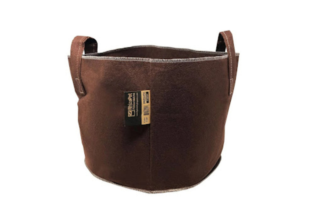 The RhizoPot with Handles in brown with a seam label of product information