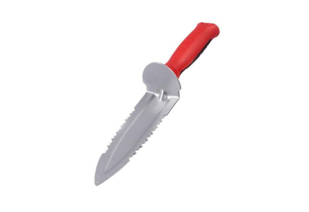 The Root Assassin RA-006 Carbon Steel Garden Hand Soil Knife with a red and black handle