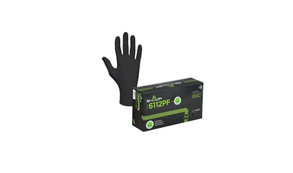 The Showa Biodegradable Gloves in black beside a rectangular packaging in black and green