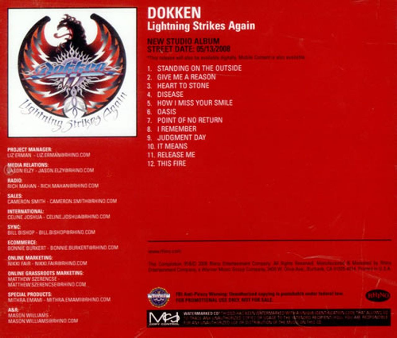 Dokken Lightning Strikes Again US Promo CD-R acetate — 