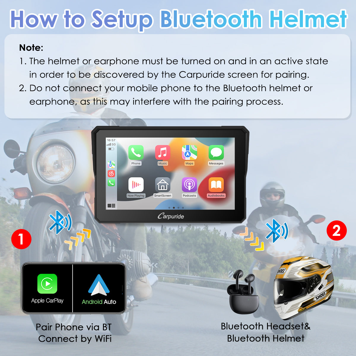 Carpuride W702 Wireless Portable Dual Bluetooth Waterproof IP67 Motorcycle  Stereo