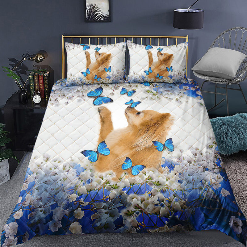 Pomeranian Blue And White Flowers Quilt Bed Set TL180911