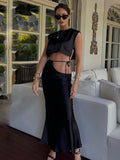 Amfeov Fashion Tie Maxi Skirt Set Black Sleeveless Crop Blouse and Long Skirt Outfits Women Satin Vacation Beach Party Club Dress Set