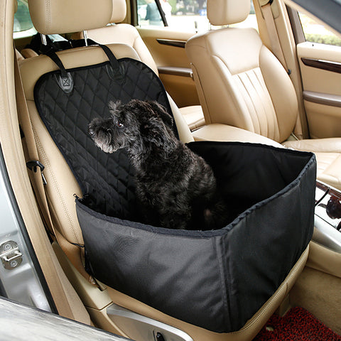 black small dog inside foldable pet car seat
