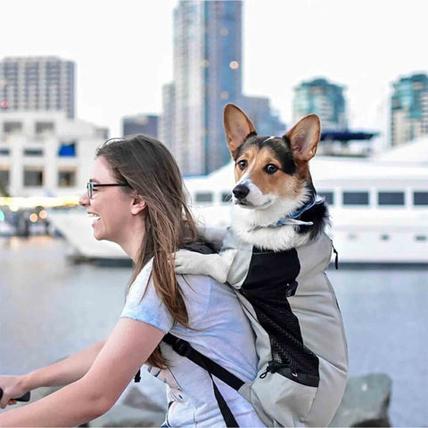 woman on bike with grey dog carrier backpack