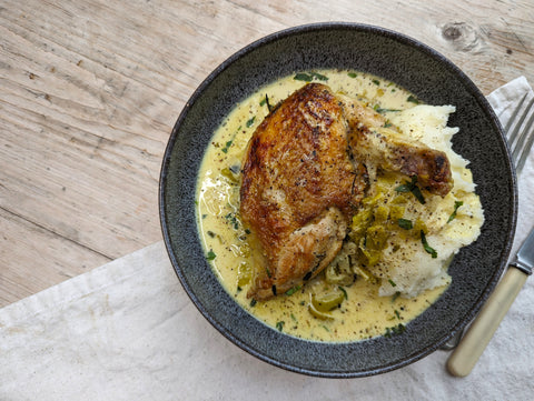 Plated picture of chicken, leek, mustard and tarragon recipe