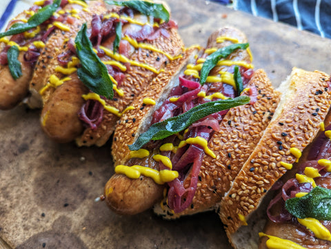 Turner & George Butchers Dogs with Cider Onions, Crispy Sage and American Yellow Mustard