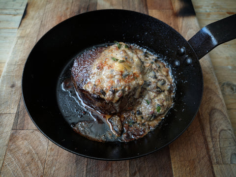 Rib fillet with Mushroom and Tarragon Sauce in a frying pan