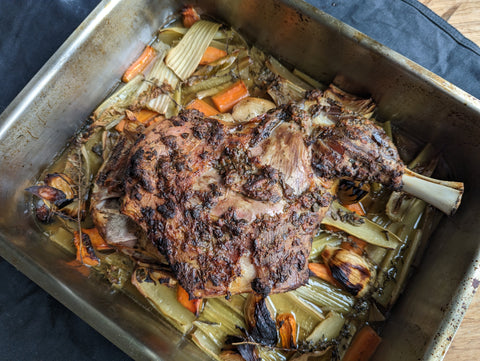 Slow braised lamb with anchovies, capers, rosemary