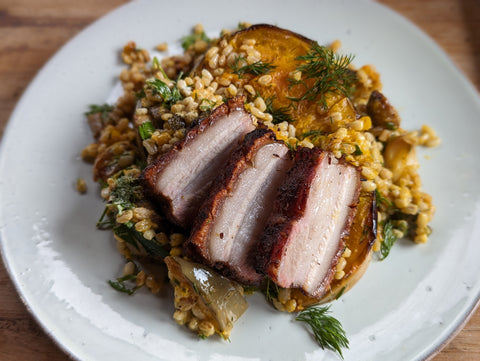 Smoked Pork Belly with Pearl Barley, Pumpkin and Mushrooms