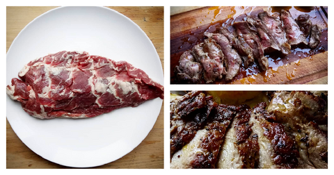 Collage of Iberico Pluma raw and cooked