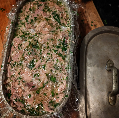 Pork terrine setting in gelatine