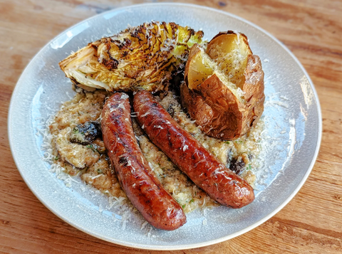 Grilled T&G Steak Sausages with Pennybun and Bone Marrow Sauce