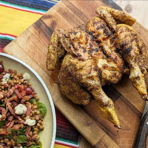 English Label Spatchcocked Chicken with Puy Lentil, Spinach and Cherry Salad