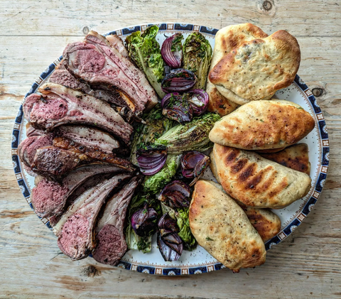 Richard H. Turner’s Charcoal Roast Rack of Lamb with Burnt Red Onion Salad and Lamb and Pecorino Flatbreads