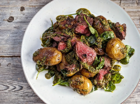 Onglet, Jersey Royal, Spinach and Zhoug