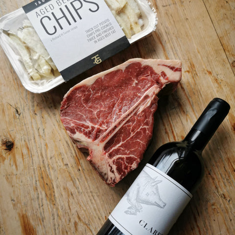 Picture of Turner and George triple cooked chips, a 1kg Porterhouse and a bottle of Claret from St John