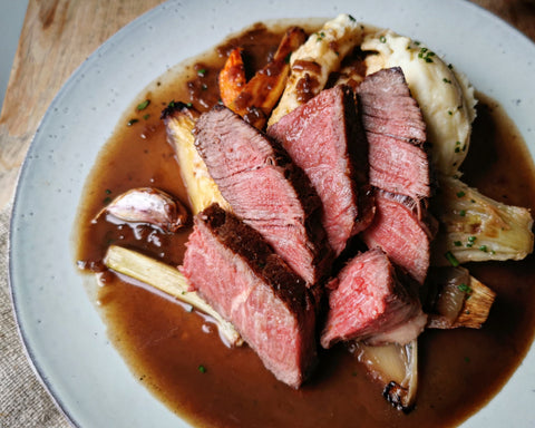 Turner & George Porterhouse Steak, sliced on a bed of root vegetables and mash, with Houses of Parliament sauce