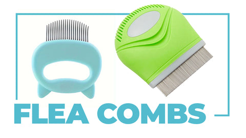 Light blue flea comb for cats and a lime green flea comb with tightly spaces metallic bristles