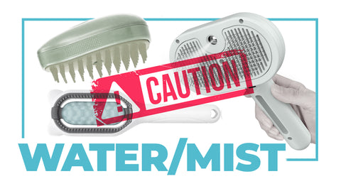 Three samples of water steam and misty brushes with a caution stamp above them to help people protect their cats and dogs