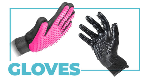 Pink Rubber Glove with little bumps for a cat brush and a dark black glove that fits tightly around fingers for cat fur