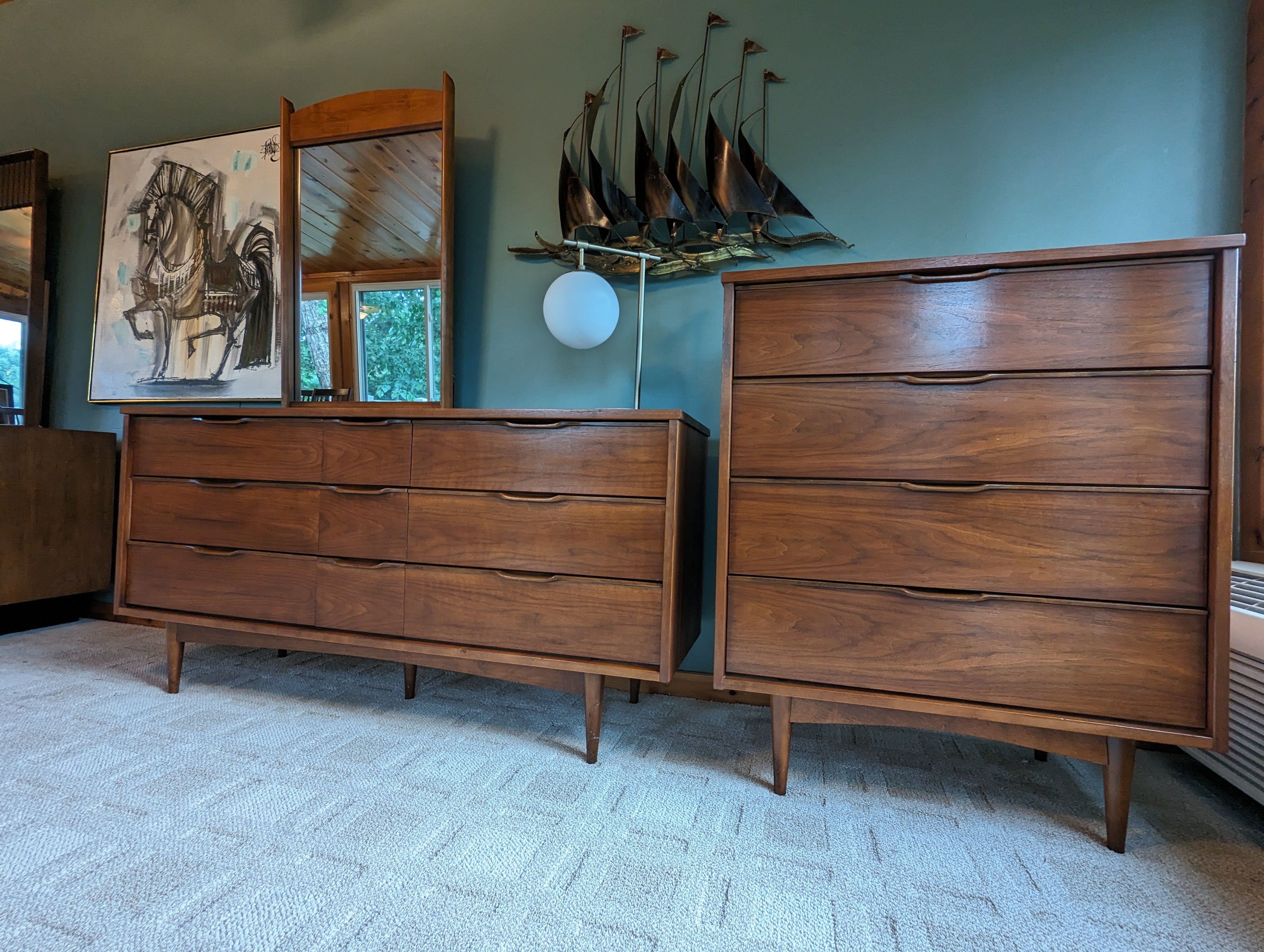 Beautiful Mid Century Modern Dresser Set | Nine Drawer Lowboy with Mirror and Four Drawer Tallboy