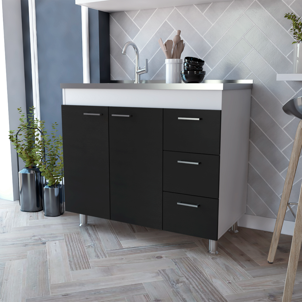 Utility Sink Kisco, Three Drawers, Double Door, White / Black Wengue Finish