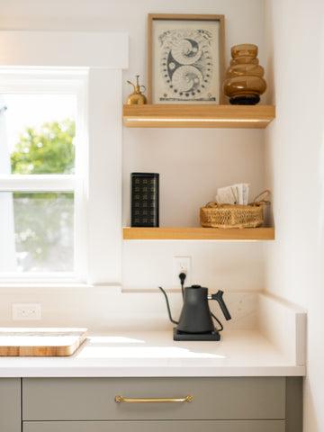 Rift white oak wood kitchen floating shelves