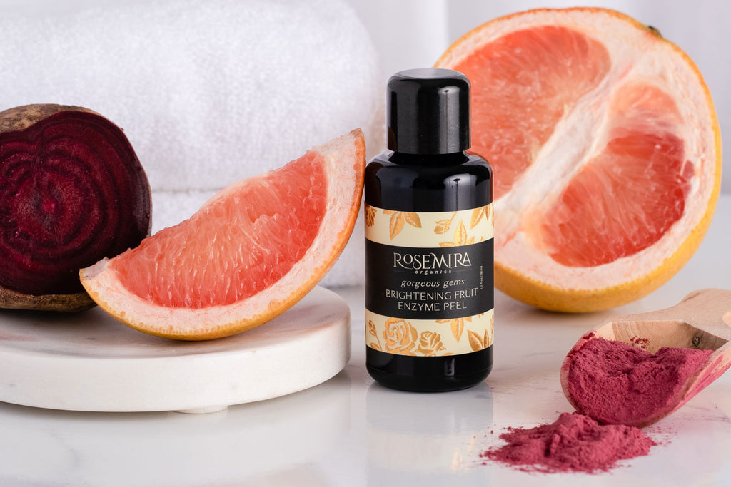 Gorgeous Gems - Brightening Fruit Enzyme Peel with beets, grapefruit, beet powder on a white counter.