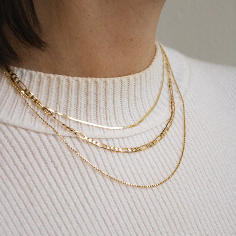 Three solid gold chain layers by Leah Alexandra Jewelry and Violette Studio