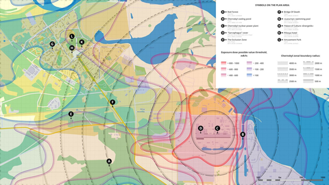 ic: Mapa de la radiación de Chernobyl y Pripyat y los lugares más significativos del territorio de Chernobyl Fuente: Wikimedia