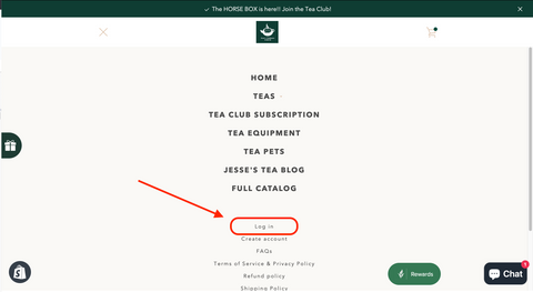 Image of Jesse's Teahouse drop down menu with a red circle around the login button near the bottom and a red arrow pointing towards it.