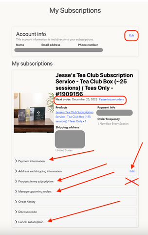Image of your Jesse's Teahouse Subscription page. Red Arrows pointing towards the different options for changing your subscription.