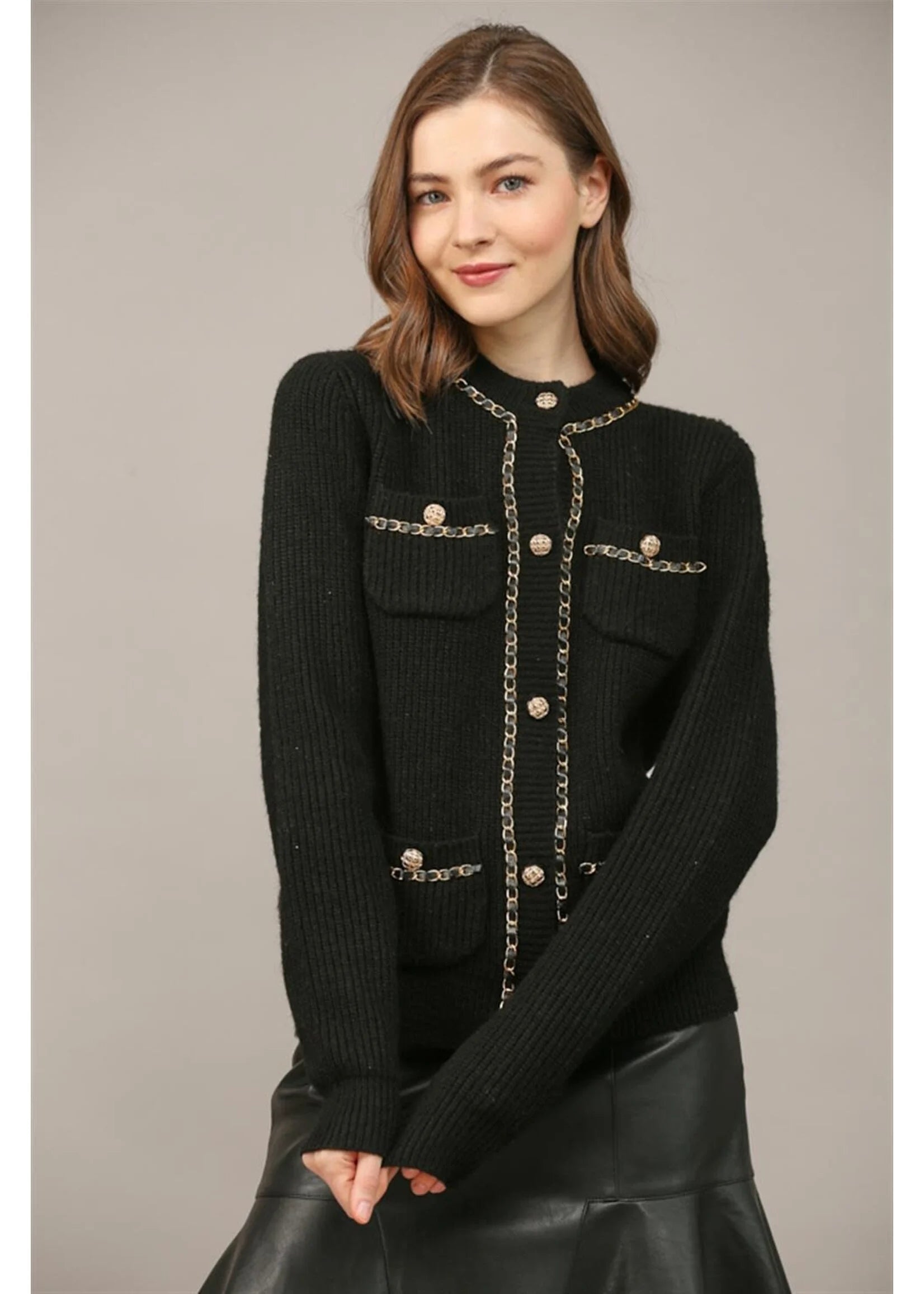 CHAIN & GOLD BUTTON DETAIL WOOL BLEND CARDIGAN - B613