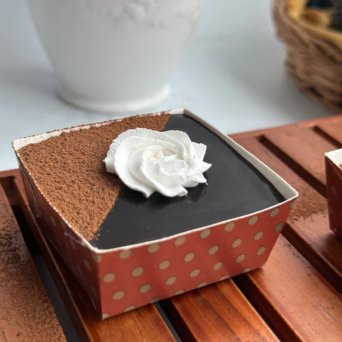 Delicious and indulgent chocolate truffle mousse cup with a creamy and delicate cookie crumb base, followed by the velvety smooth mousse and divine chocolate ganache.