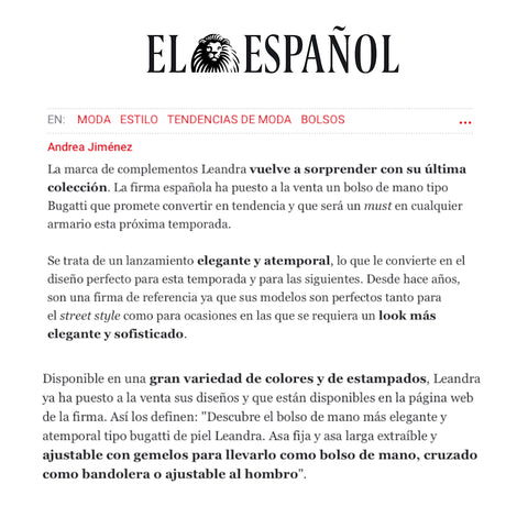 Leandra en El Español " La firma Leandra tiene el bolso de mano más elegante y atemporal tipo bugatti y made in Spain