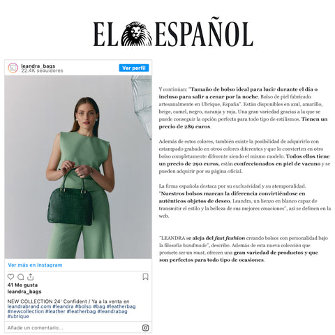 Leandra en El Español " La firma Leandra tiene el bolso de mano más elegante y atemporal tipo bugatti y made in Spain.