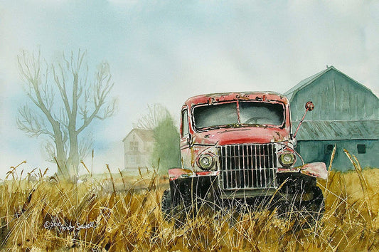 Two Trucks in the Mist 10x10 original oil painting or signed edition –  Andy Sewell Fine Art