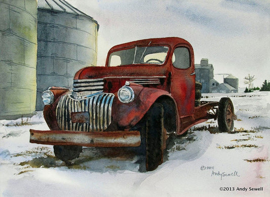 Two Trucks in the Mist 10x10 original oil painting or signed edition –  Andy Sewell Fine Art