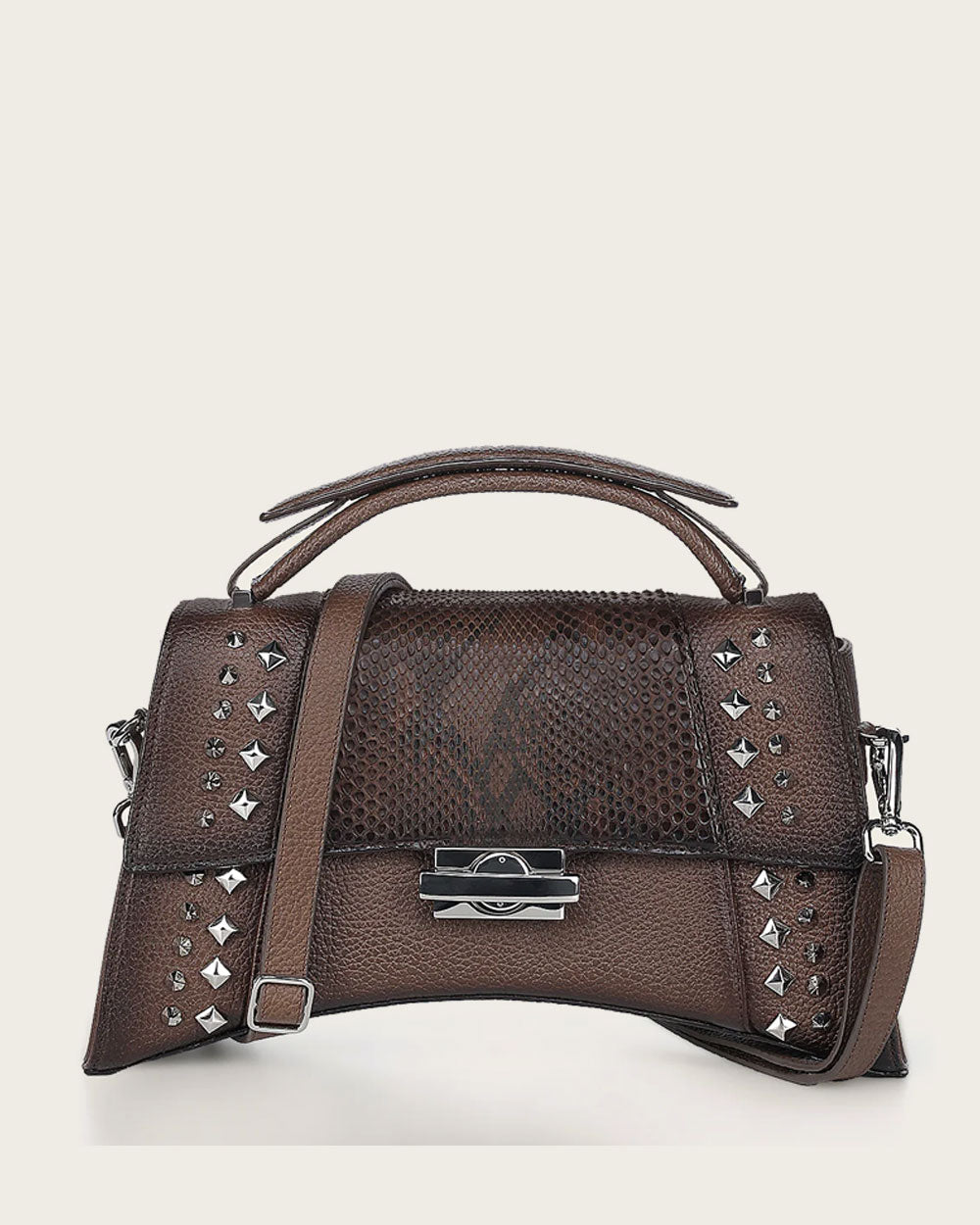 Cuadra - BOD1TPH - BROWN: A closer look at the bag's details, including the python and bovine leather, metallic logo, and studs.