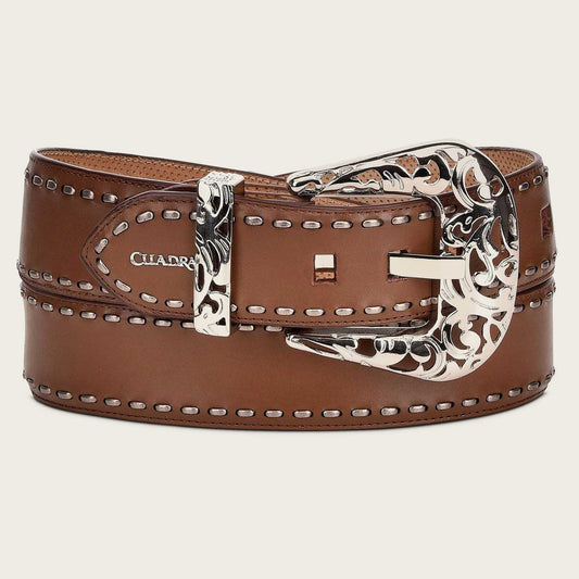 Engraved honey leather belt, western for women - CN811ST - Cuadra Shop